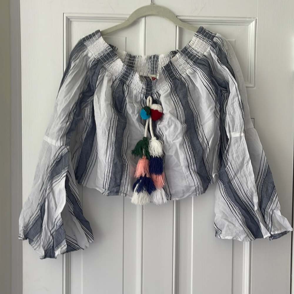 Anthropologie Lilka striped off shoulder cropped boho tassel top